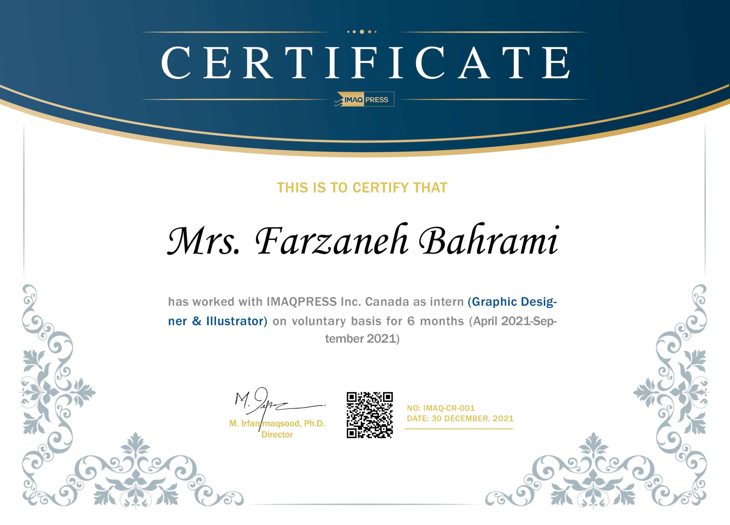 Farzaneh Bahrami Certificate
