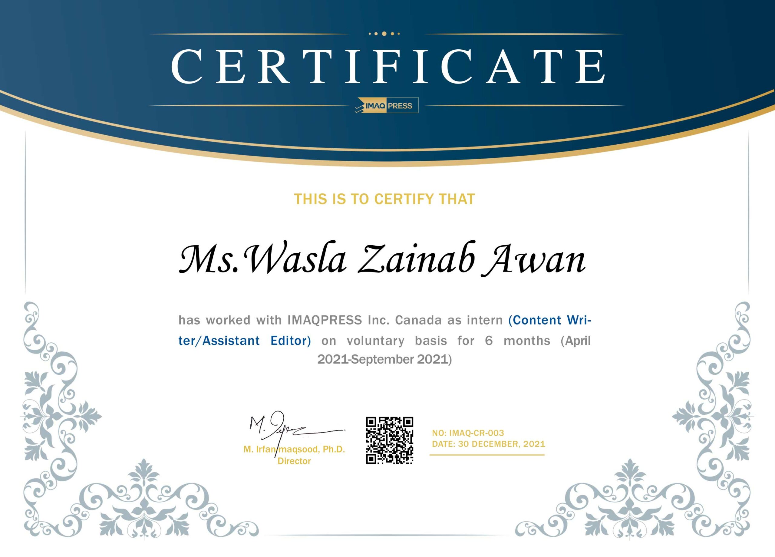 certificate for wasla awan