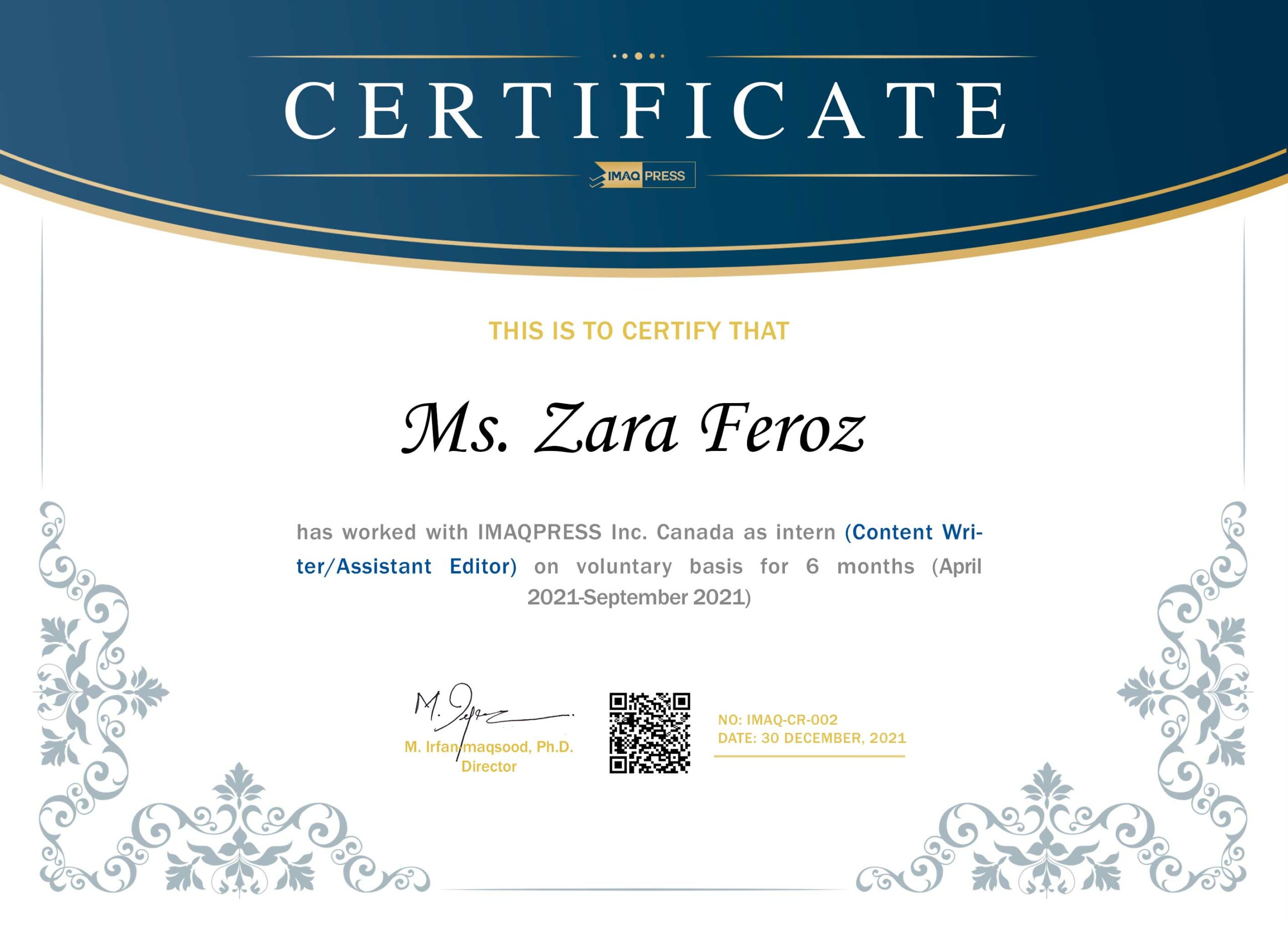 Zara Feroz Certificate